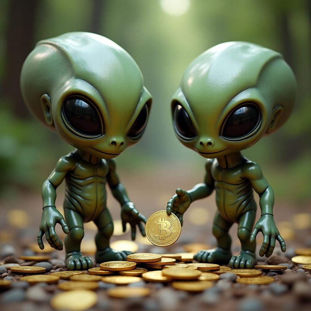 This image features two cartoonish green aliens with oversized heads and large black eyes. They are in a forest setting, surrounded by small golden cryptocurrency coins. The aliens appear to be engaged in an exchange, showcasing a Bitcoin coin. The atmosphere is whimsical and playful, emphasizing the fun side of digital currency. The setting is ethereal, with a soft focus on the background while highlighting the aliens and coins.