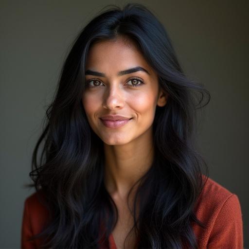 Portrait of a female teacher with dark brown eyes. Long black hair. Smooth dark skin. Thick eyebrows. Warm smile. Natural light. Close-up shot.