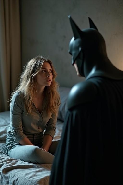 Dark blonde woman in casual clothing sits on bed. Batman stands in cave. Tension builds as they connect. Love grows amidst the situation.