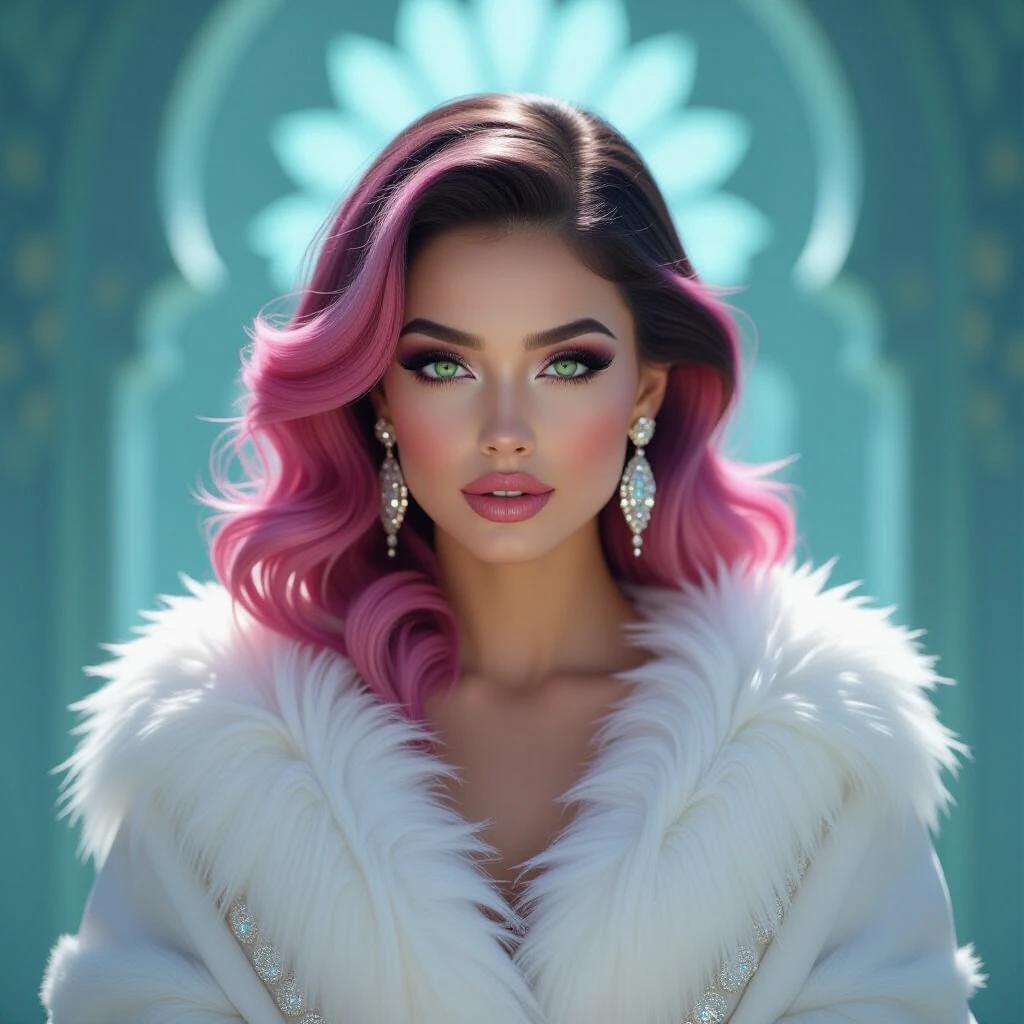 A captivating figure in a luxurious white fur shawl stands against a soft, mystical background. The focus is on the figure's vibrant hairstyle featuring pink and green hues. Large expressive eyes and glossy lips contribute to a stunning appearance. The surrounding elements create an enchanting atmosphere with hints of luxury and fantasy.