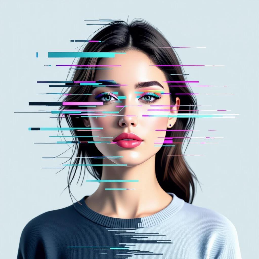 Glitch art style featuring a woman with linear distortion. The background is minimal grey. The figure is horizontally distorted with scan line interference. Soft diffused lighting enhances the aesthetic.