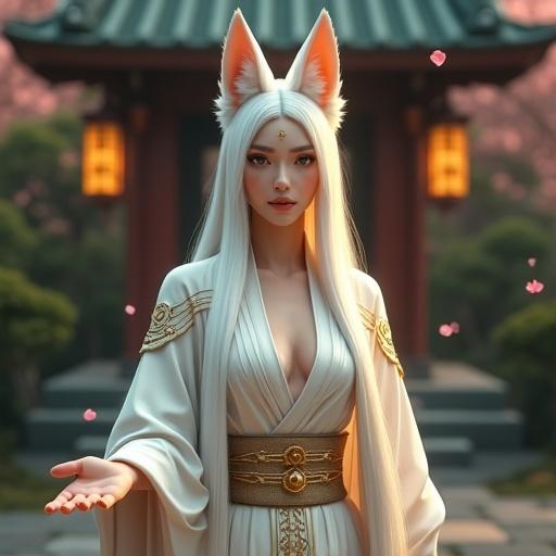 Divine fox goddess depicted with a realistic humanoid form. Features golden eyes with vertical pupils, sacred markings on her face. White fox ears and long flowing hair. She stands with one hand extended toward the viewer invitingly. Wears a ceremonial kimono with moon and star motifs. Soft light from behind a shrine and floating spirit flames create a serene atmosphere.