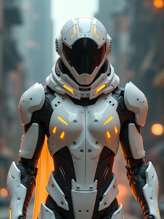 Full body shot of a cyborg ninja. Character wears white armor. Armor features orange and yellow accents and lights. Urban background with a cinematic vibe.