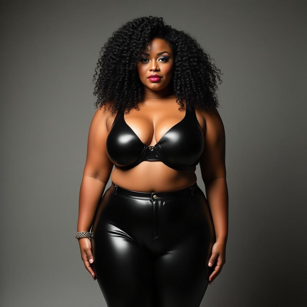 Portrait of a plus-size model wearing black latex pants. Model has curly black hair and a confident expression. Soft lighting with a neutral background.