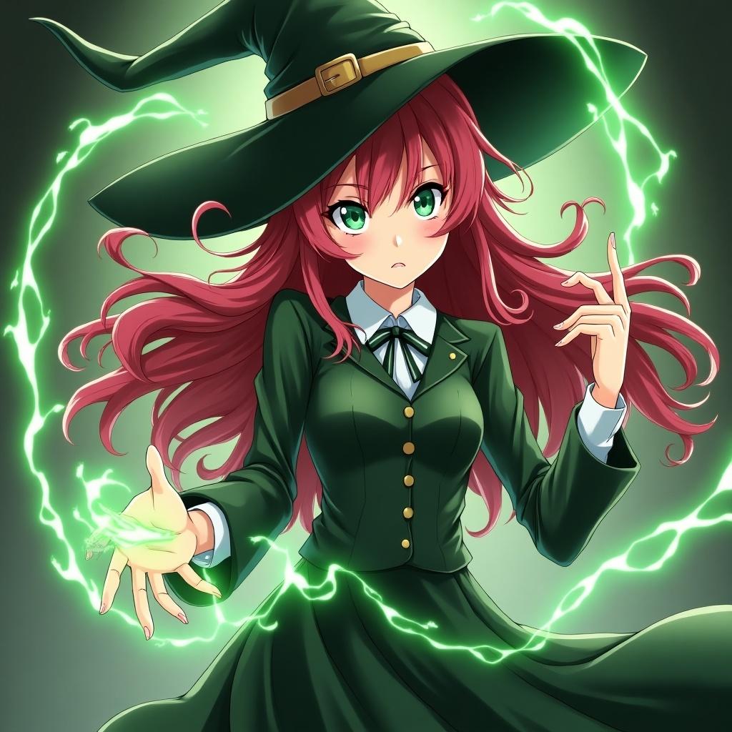 Anime redhead witch with long flowing hair and green eyes. She displays powerful magic with a glowing green aura around her hand. The character wears a witch hat and a dark green dress.