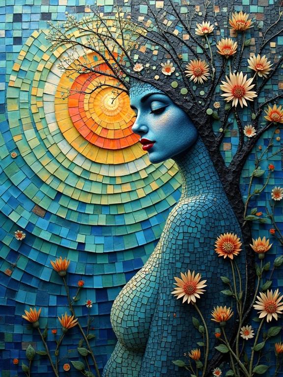 A three-dimensional mosaic art piece featuring an abstract female figure. The body is crafted from various sizes of square tiles in blue, green, and black, while flowers emerge from the figure and a sun sets in the background, created from similarly arranged squares. The style is ethereal and surreal.