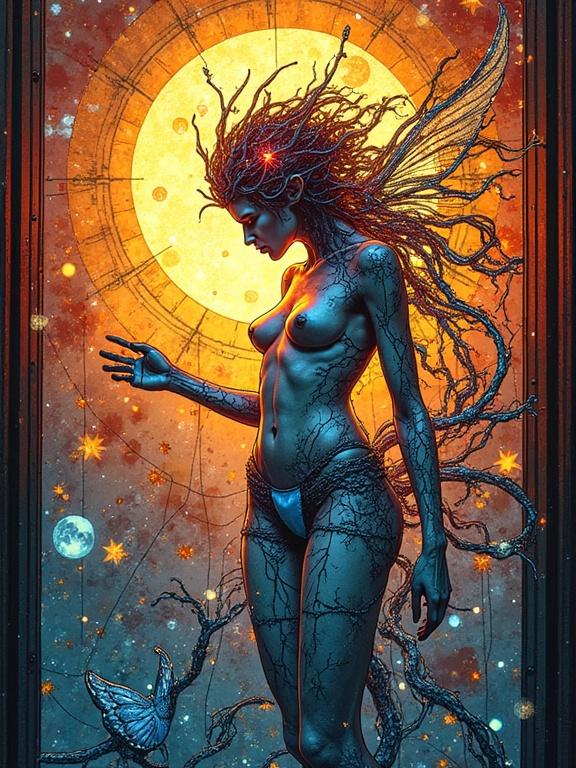 Strange celestial nude deity etched into stained glass. Framed in glitch loops and transparent washes. Creatures contoured in warped reflections. Melting parametric coils. Colors shifting from warm sienna to alien chrome.