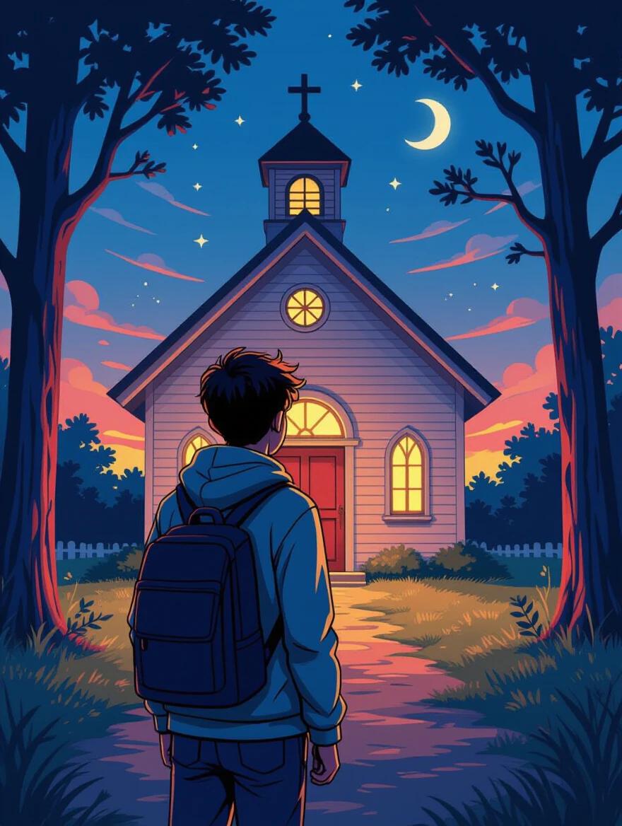 A vibrant book cover design aimed at teenagers and young adults. The central focus is a 17-year-old boy standing alone in front of a small chapel lit by twilight. He faces away from the viewer, wearing a school hoodie. The background features shadows with white eyes and dark symbols, hinting at a mysterious enemy and spiritual warfare. Deep cinematic lighting with vivid contrasts of twilight purple, golden rays, and subtle red shadows. Designed to attract fans of anime, fantasy, and religious stories.