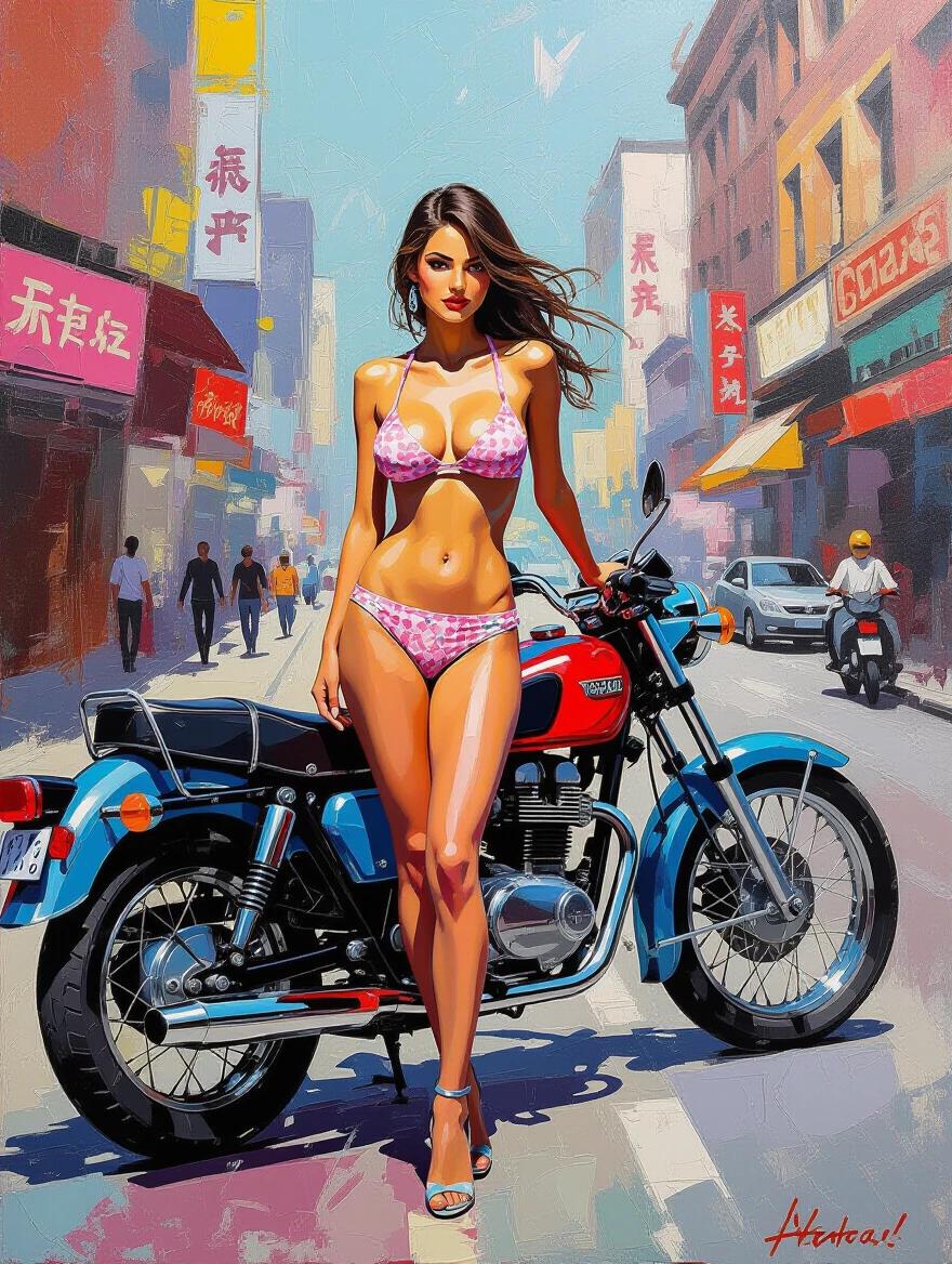 A vibrant abstract expressionist artwork depicting a lady in a pink bikini standing next to a classic motorcycle. The scene is set in a colorful urban environment with bold brushstrokes and dynamic textures, inspired by contemporary artists.