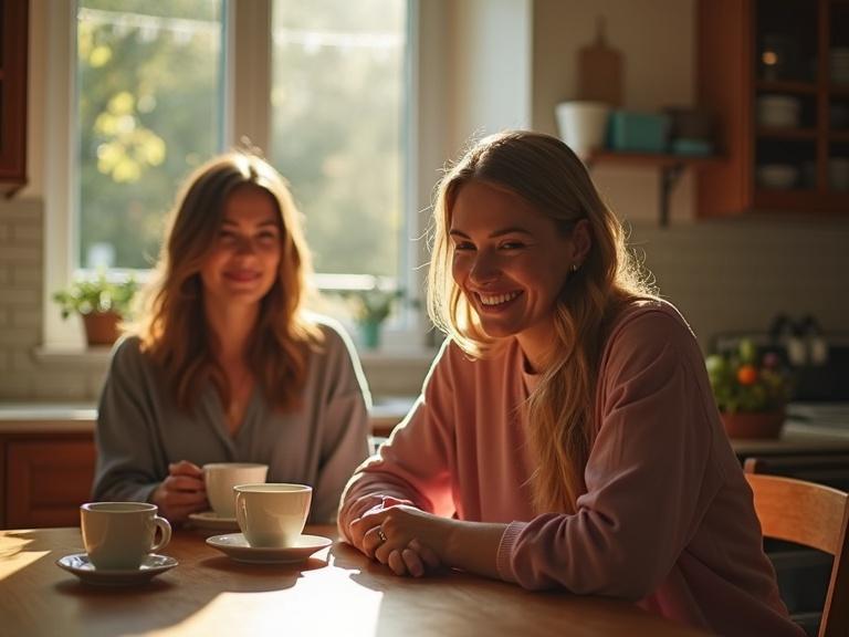 Two women in their 30s enjoy coffee in a cozy kitchen. They sit at a wooden table. Warm sunlight pours through the window. One woman smiles mischievously. Soft shadows create a relaxed atmosphere.