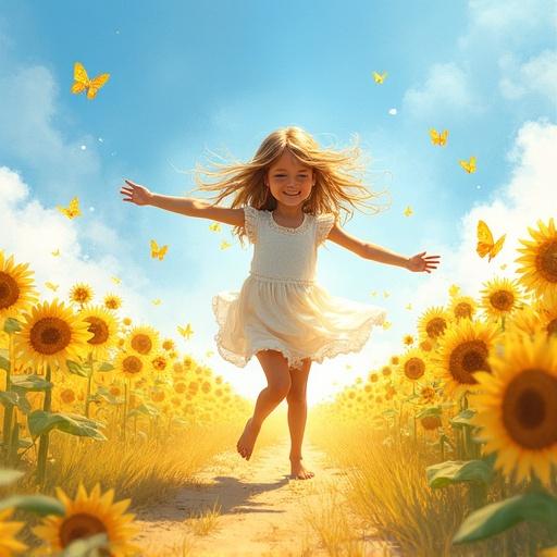 A young girl dances barefoot through a sunflower field. Bright blue sky above. Surrounded by butterflies and laughter in the wind. Joyful energy radiates from her movements. Watercolor style artwork. Vivid golden hues. Light and breezy atmosphere.