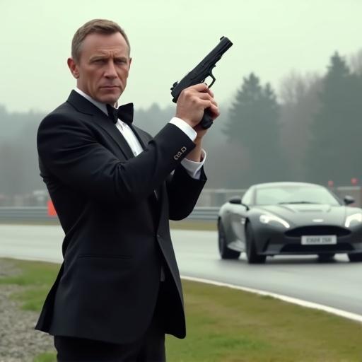 James Bond poses with a gun at a racing circuit. Aston Martin approaches from behind. Classic spy film setting.