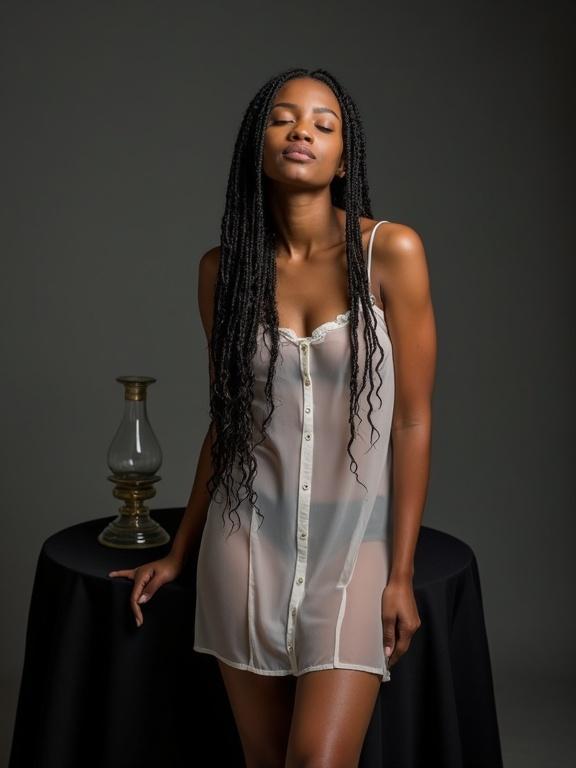 Photograph of a woman with long braided hair standing in a studio. She wear sheer white shift with her left hand on her hip. Her eyes are closed and head slightly tilted back. She is beside round table with black cloth, glass oil lamp and bottle. Background is blurred emphasizing the subject. Low camera angle captures her from thighs up. Shallow depth of field, focus on subject. Artificial lighting creates soft shadows and highlights. Composition follows rule of thirds, adding aesthetic quality to image.