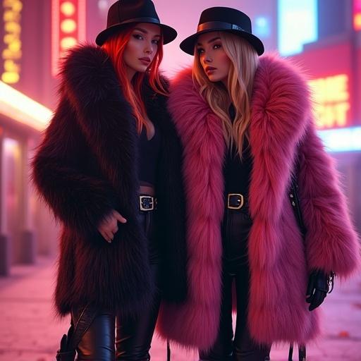Two women with red and blond hair wearing thick voluminous black and pink fur coats. They are styled with hats and boots. The scene is detailed, featuring a mix of photorealistic and comic book art styles with neon cyberpunk elements.