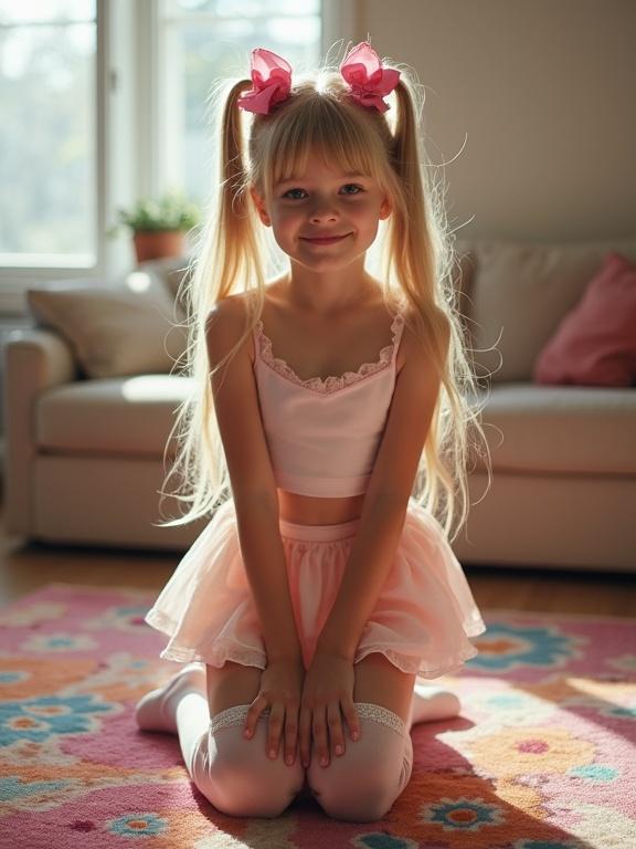 A young girl with long blonde hair and twin tails kneels on a colorful rug. She wears a crop top and a pale pink micro-skirt with thigh-high socks. The living room is softly lit by natural light.