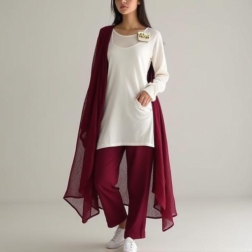 Detailed description of a young woman wearing a sheer cotton kameez. Maroon dupatta draped around right side. Matching maroon pants. White sneakers. Metallic white name card on shoulder with a golden lotus crest above it. Fabrics are sheer to reveal skin. Low cut white tank top visible through white kameez.