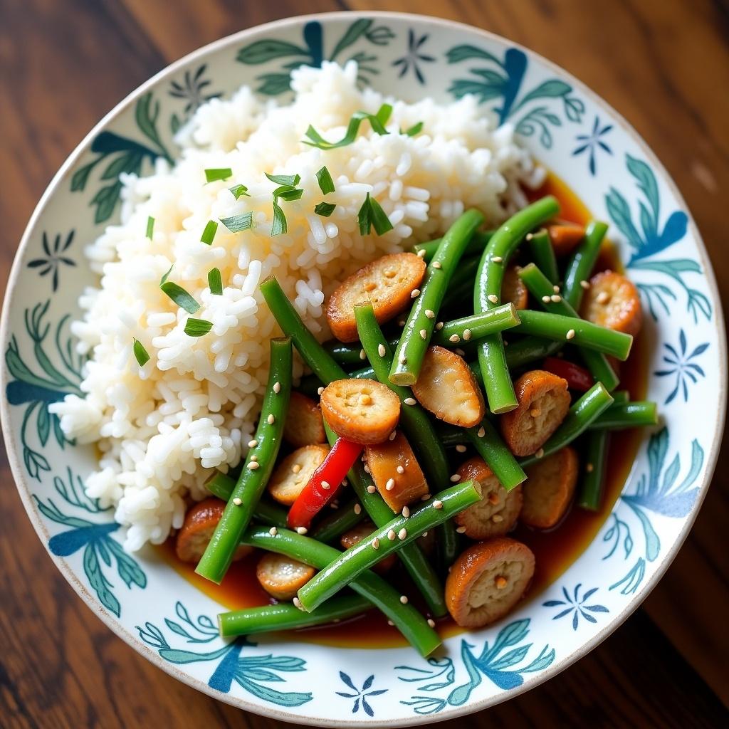 This image showcases a delicious plate of chicken and green beans stir fry served alongside jasmine rice. The dish features vibrant green beans and sliced chicken, beautifully arranged in a decorative bowl. The white jasmine rice complements the colorful stir fry, making it visually appealing. Garnished with sesame seeds and chopped green onions, this meal highlights Asian culinary traditions. The presentation emphasizes freshness and is perfect for a family dinner or a special occasion.