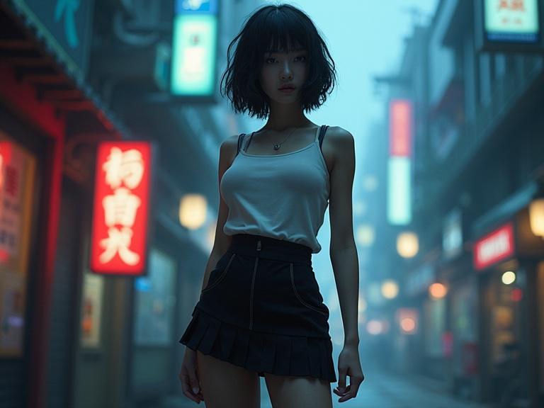 Image features a full-body view of a character with short black hair wearing a mini tight skirt in a cyberpunk environment. The setting is dark and cool with dramatic lighting creating a cinematic effect.