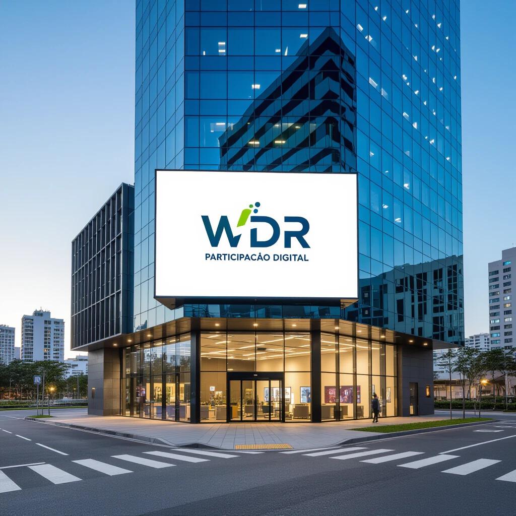 Large parking area in front of a corporate building. The company WDR PARTICIPAÇÃO DIGITAL is featured prominently on a large sign. The building has 39 floors with a glass mirror facade. The setting is a modern urban environment.