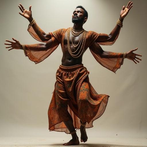 A dancer performs with six arms in an expressive pose. Traditional attire with intricate patterns. Dynamic movement captured in a dramatic lighting setup.