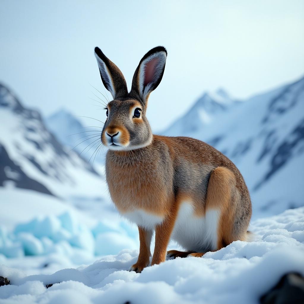 Realistic photo of a rabbit on Mount Everest in a snowy landscape.