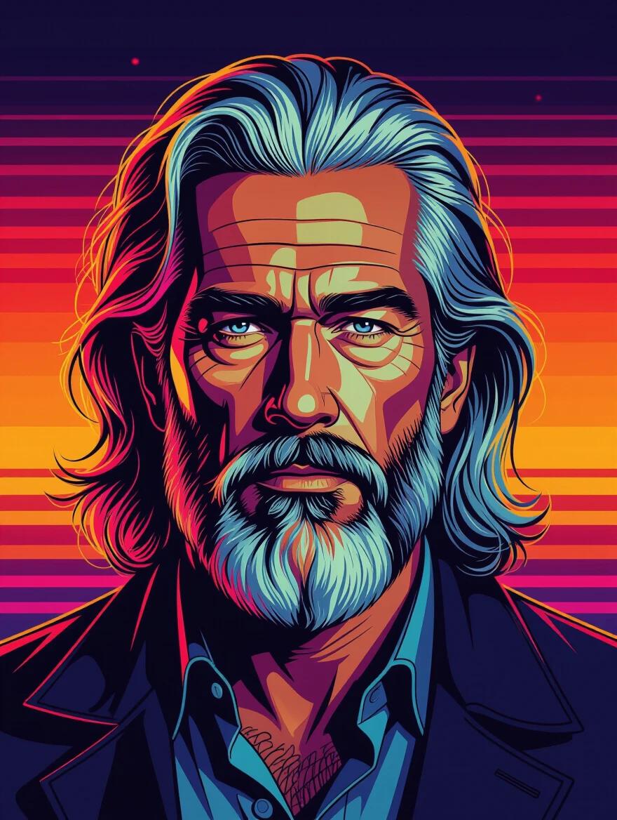 Illustration of a man with long wavy blond hair and gray beard. Serious expression captivating the viewer. Vibrant neon colors dominate. Bold graphic lines create depth. Dramatic shadows portray seriousness. Background features warm psychedelic gradients. Retro-futuristic style inspired by synthwave aesthetics.