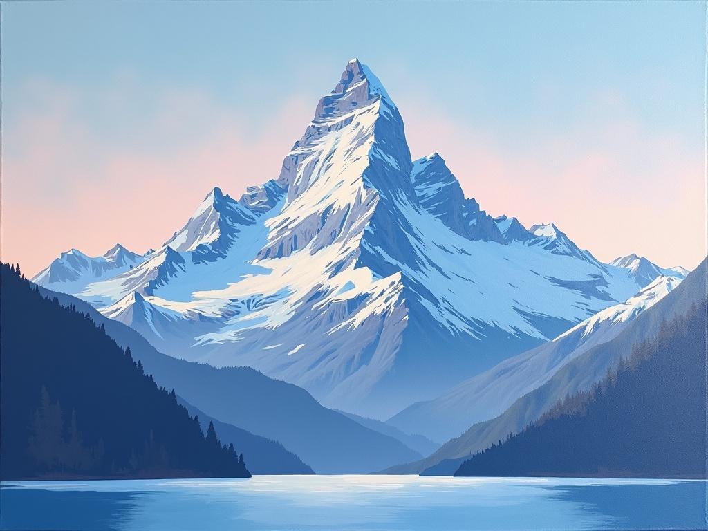 Mountain in oil painting. Scene shows a gigantic mountain with snow on top. Mountain reflects in a calm lake. Soft light during morning. Pastel shades in the sky.
