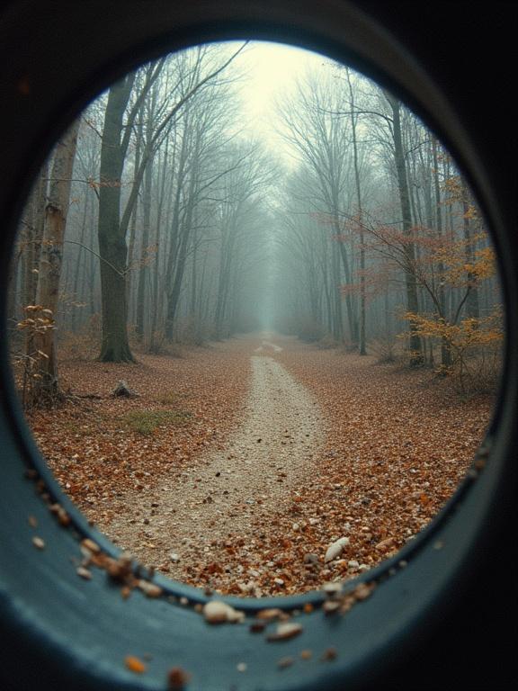 View of a forest path through a circular opening. Foggy atmosphere with tall trees. Ground covered in leaves. Two dark areas at the bottom right resembling blind spots. Path leads into the distance, creating a sense of depth.
