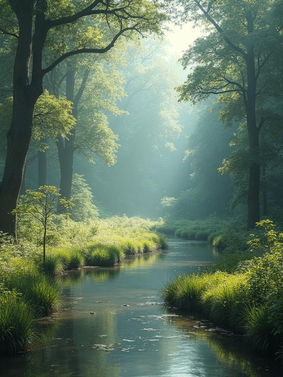 A peaceful nature scene featuring a meandering stream in a forest. Lush trees line the banks with green foliage. Sunlight penetrates the canopy casting gentle reflections on the water. The atmosphere feels calm and serene.