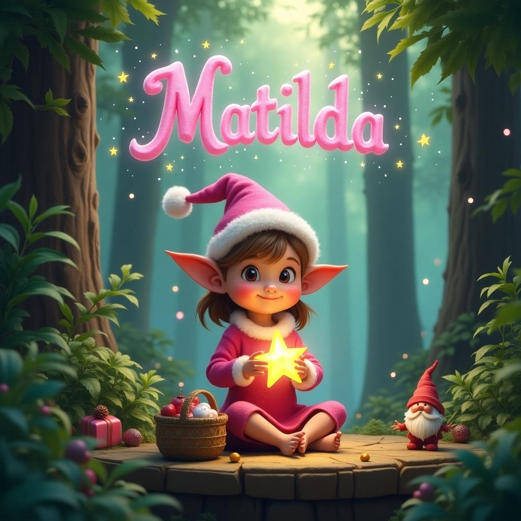 A young elf sits in a magical forest holding a glowing star. She wears a festive pink outfit with pointed ears. The background features tall trees and soft light. The name Matilda is written above in whimsical letters. Small woodland elements enhance the enchanting atmosphere.