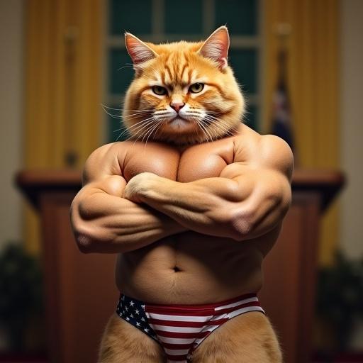 Hyper-realistic portrait of a muscular cat with a smug expression in a bodybuilding pose. Cat has human-like muscular physique wearing a tiny American flag speedo. Background features a golden presidential podium with blurred White House. Dramatic lighting and detailed fur texture showcase surreal political themes.