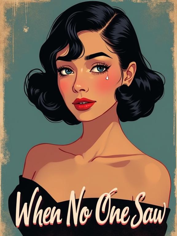 Digital illustration of a glamorous young woman with dark hair and a teardrop. She wears an off-shoulder vintage dress. Background features muted tones. Bold typography at the bottom reads 'Strong When No One Saw'.