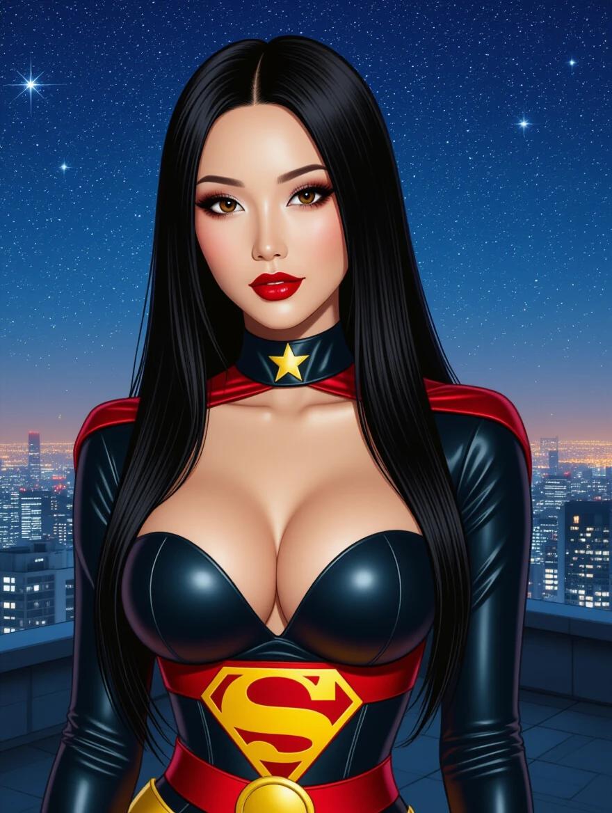 Night scene featuring a Japanese woman with long black hair and brown eyes. She wears a tight latex superhero outfit. The background shows a night sky with stars. Illustration portrays her on a rooftop in an urban setting. She has dark makeup and red lipstick.