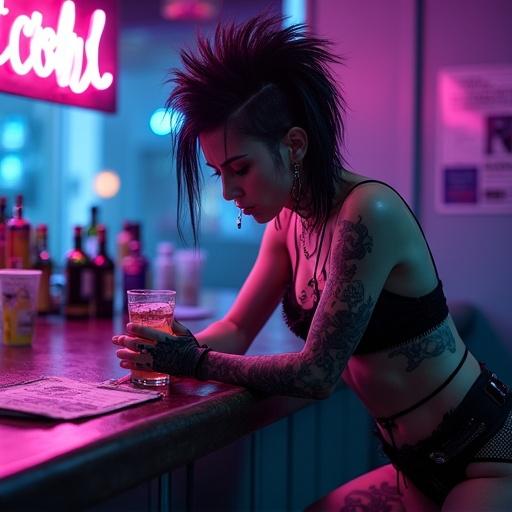 A goth woman with a mohawk sits at a bar. She has skeletal fingers and is holding a heating pad. She appears in pain with sweat on her forehead. There are vodka shots and tattoos visible. The background shows a cracked mirror with medical items. The lighting is harsh with neon colors.