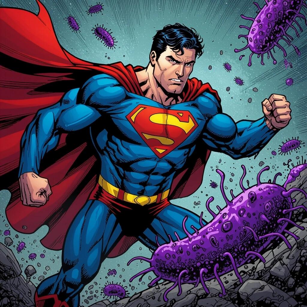 Superman in blue outfit and red cape is fighting purple parasites. The background is dynamic and colorful. Superman looks determined and powerful.