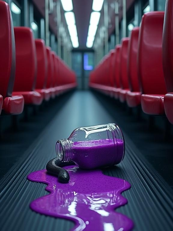 Long bus aisle with red seats on both sides. Tipped glass jar spills luminous purple liquid. Dark serpentine creature emerges from the spill. Scene has ambient mood lighting.