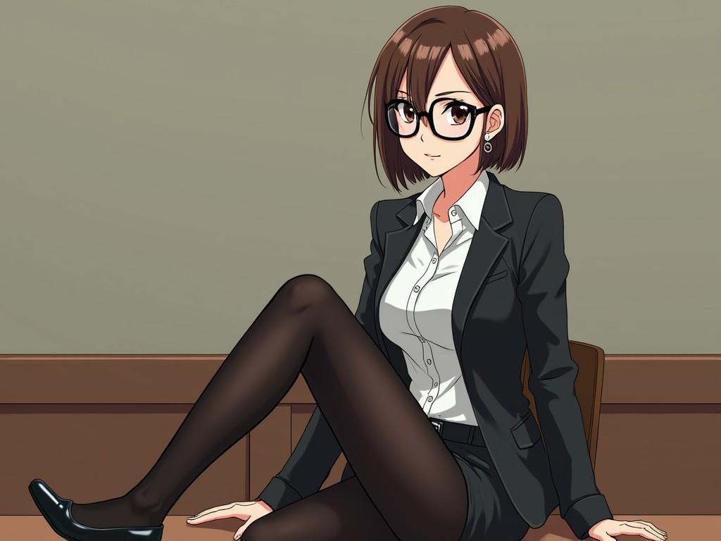 This illustration features a young woman with glasses sitting on an office chair, exuding confidence and professionalism. She is dressed in a white blouse and a black skirt, complemented by sheer dark stockings and heels, set against the backdrop of a modern office with a laptop on the desk. The atmosphere is clean and well-lit, emphasizing a contemporary workplace environment.