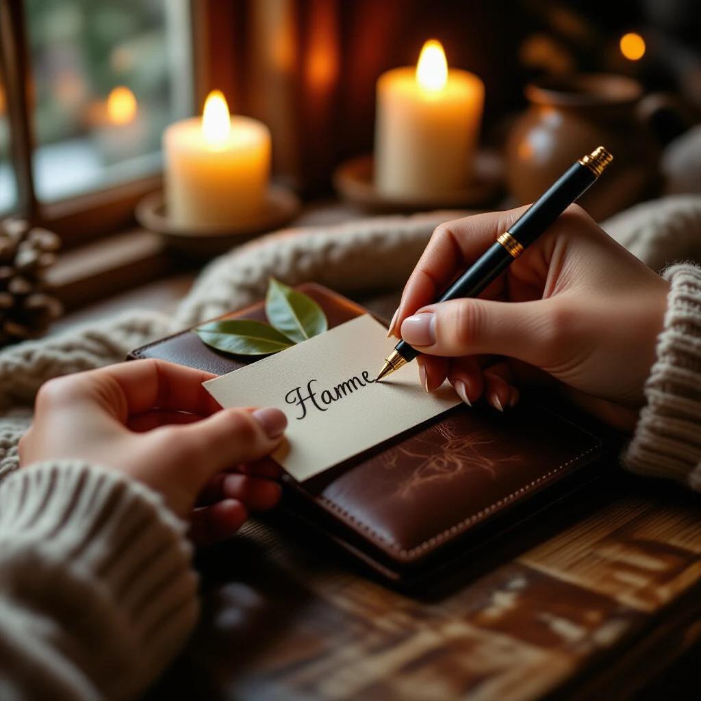 Hand writing a name on a piece of paper. Bay leaf wrapped around the paper is placed inside a wallet. Cozy home environment with warm lighting. Mystical energy surrounds the scene. Cinematic focus creates an intimate atmosphere.