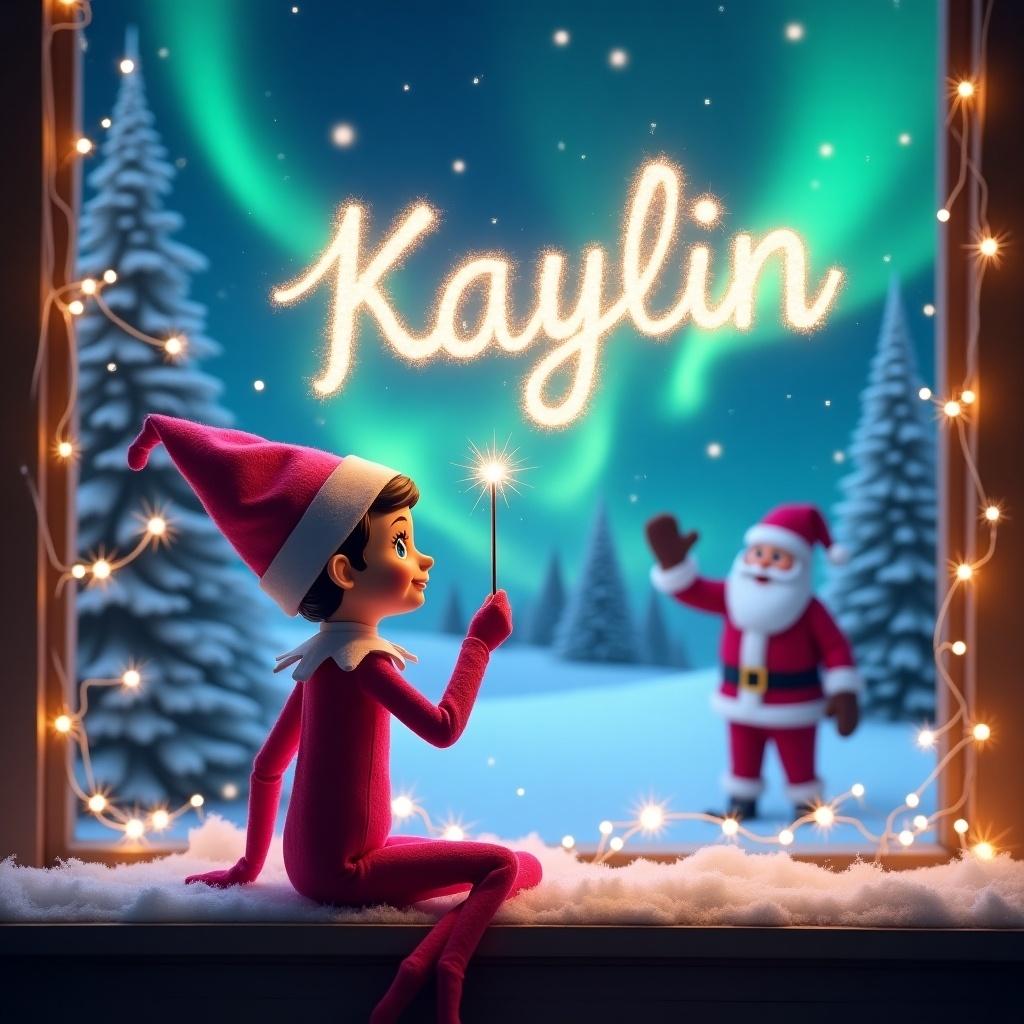 Magical Christmas night scene with an elf writing 'Kaylin' in the sky. Elf wears a pink outfit and sits on a snowy window sill. Northern lights visible outside. Santa Claus seen waving in the background. Cozy festive atmosphere.