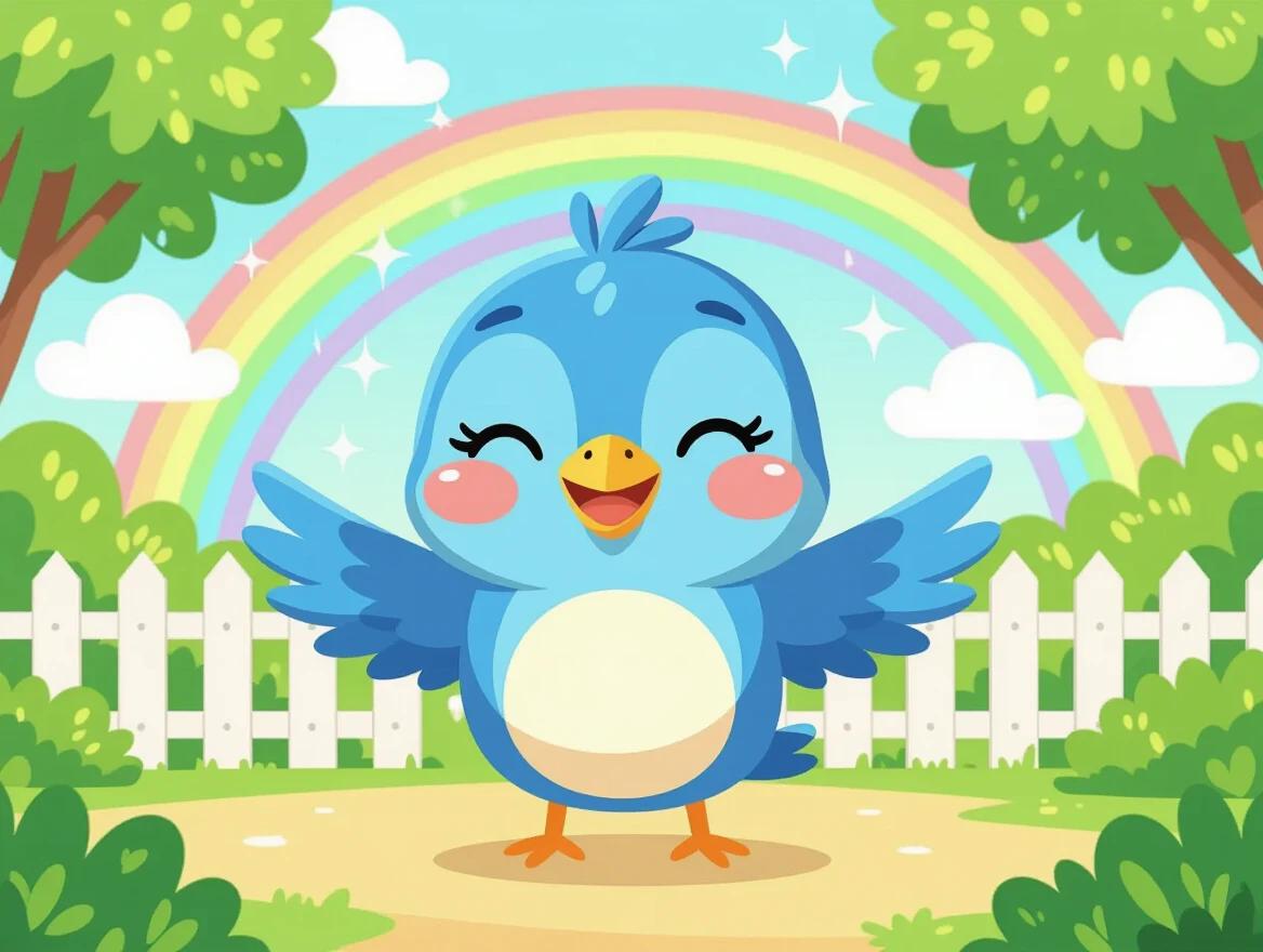 Cute cartoon-style blue bird character with big yellow beak and closed eyes. Bird has happy peaceful smile with rounded soft body. Standing with open wings in welcoming pose. Background is colorful with white fence, green trees, bushes, rainbow, fluffy clouds. Soft glowing light effects and sparkles create magical vibrant feel. Animation style is friendly and clean with smooth bold outlines and flat bright colors.
