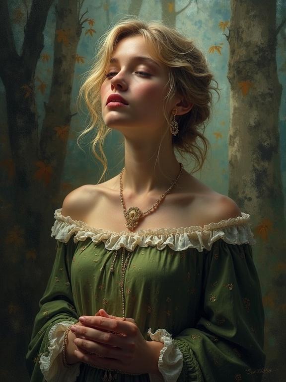 A perfect painting depicting a beautiful woman in a dynamic pose with a serene expression. She has long hair and wears an elegant green dress. The background is filled with trees and a soft glow. The painting evokes a sense of calm and beauty.