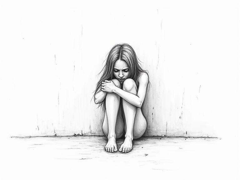 Hand-drawn thin black stickwoman in pencil sketch style. Sitting on the ground with slumped shoulders. Eyes half-closed with hopeless expression. Background barely sketched to show emptiness. Mood is quiet and heavy. Represents emotional exhaustion and inner conflict.