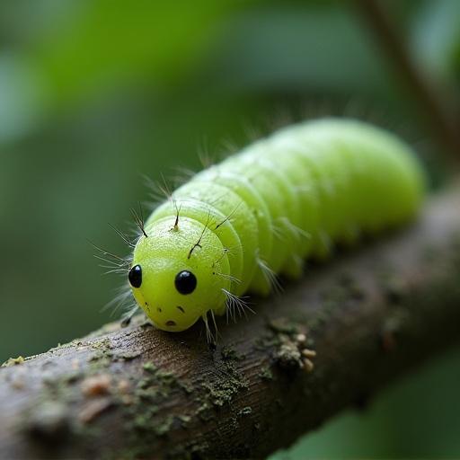 Close-up view of a green silkworm on a branch. The caterpillar is vividly colored with small hairs and black eyes. Natural environment with blurred green background. Focus on details of the insect.