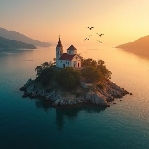 Aerial view of Akdamar Island showing the church during the golden hour with flying birds and calm waters surrounding the island.