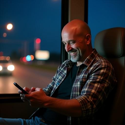A bald man sits on a bus at night. He smiles while looking at his phone. Wears a plaid shirt. A gray goatee is visible. The background shows a highway at night.