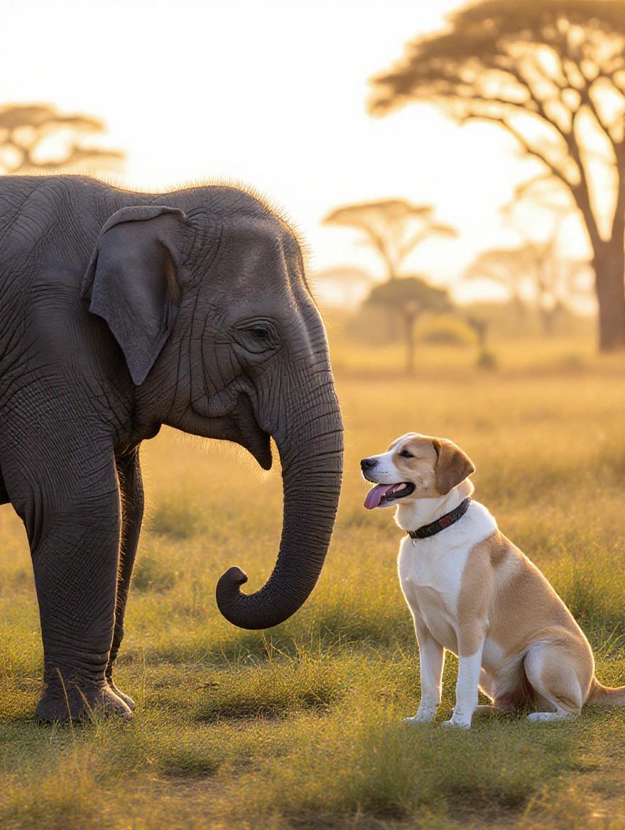 A montage-like soft fade of happy moments between the elephant and the dog, overlayed with a golden light and emotional depth. Symbolic of eternal friendship with a cinematic feel.