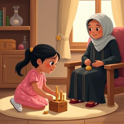 Cozy cartoon-style children's illustration with a warmly lit room. A girl aged 5-7 with short black hair in a pink dress kneels excitedly on a soft carpet. She opens a wooden box revealing five distinct wooden pillars with natural grain. Nearby, a grandmother in a black abaya with embroidery holds a crochet needle, working on a piece. The room includes wooden shelves, antique boxes, and a window with soft daylight. The illustration should have space at the top for a story title text.