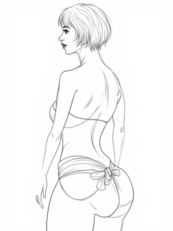 Vector image of a mature woman depicted in a side view. She wears a bikini and a sarong. The illustration shows her curvy figure with prominent wide hips and toned muscles. The style is black and white with a detailed outline. A high-definition closeup focusing on the body's contours.
