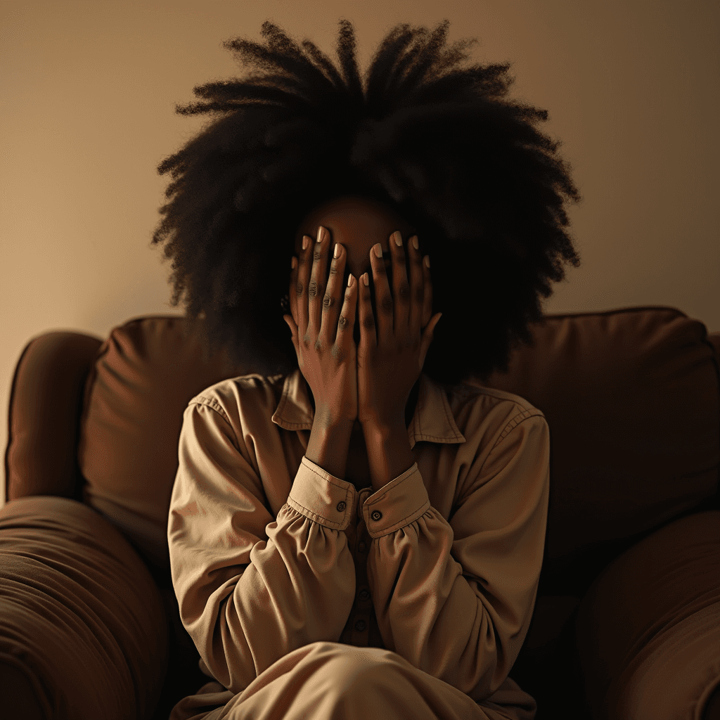 A person with voluminous curly hair sits on a soft chair, hiding their face with both hands, creating a sense of introspection and mystery.