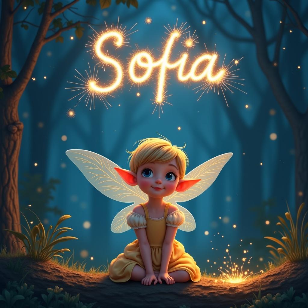 This image depicts a charming pixie elf named Sofia, a 4-year-old girl with short blonde hair and blue eyes. She is sitting in a serene woodland clearing during the night, surrounded by lush greenery and twinkling sparkles. The atmosphere is magical, with a deep blue sky overhead. The name 'Sofia' is beautifully written in sparkling letters, illuminating the scene. The overall vibe is whimsical and enchanting, perfect for a children's storybook or decoration. Sofia's delicate wings add to her fairy-tale charm, inviting wonder and imagination.